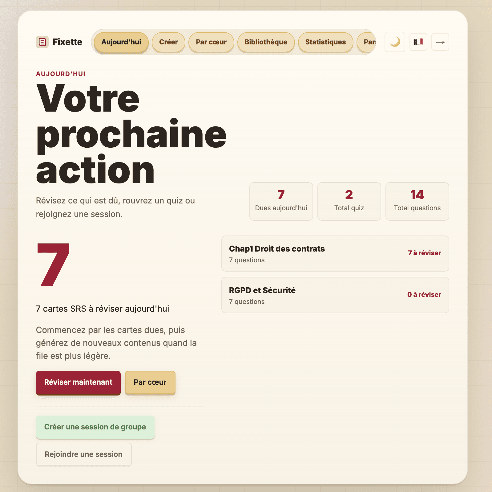 Capture réelle du tableau de bord Fixette avec les révisions SRS et les quiz à revoir