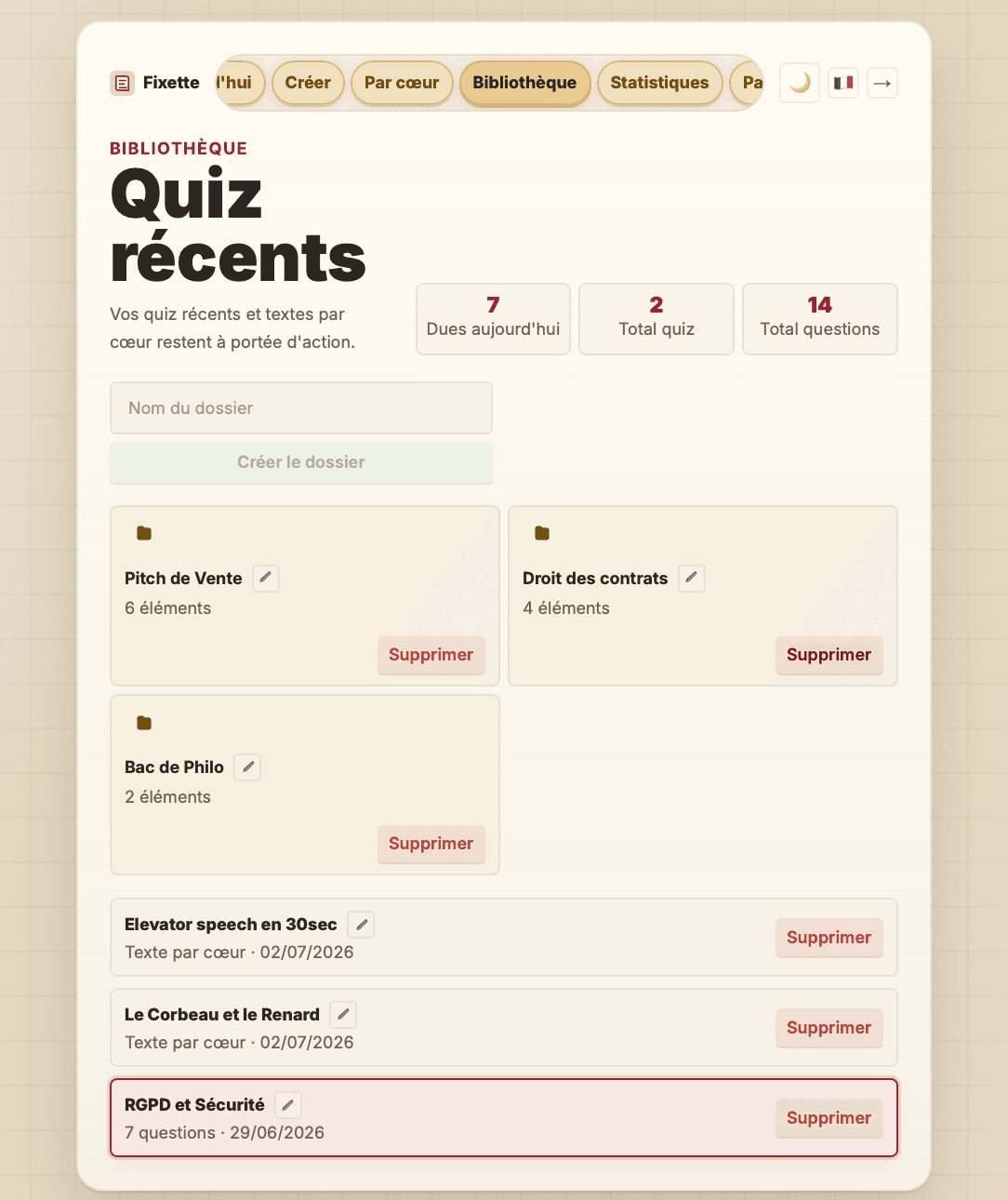 Capture réelle de la bibliothèque Fixette avec des quiz récents et des dossiers